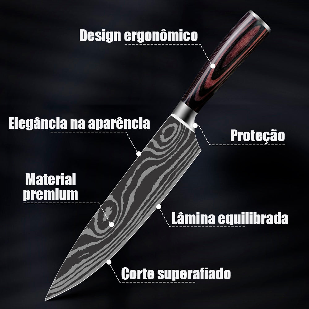 Conjunto de facas aço damasco inoxidável - elegância e sofisticação