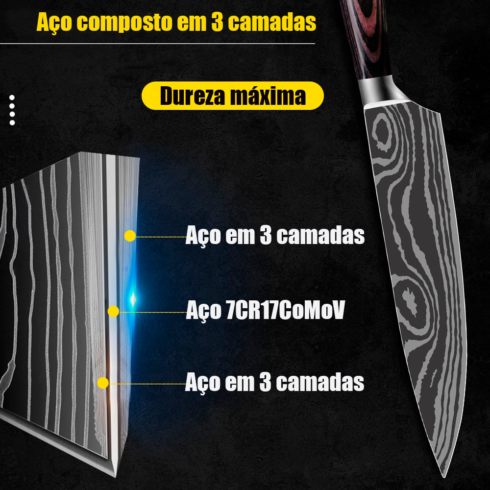 Conjunto de facas aço damasco inoxidável - elegância e sofisticação