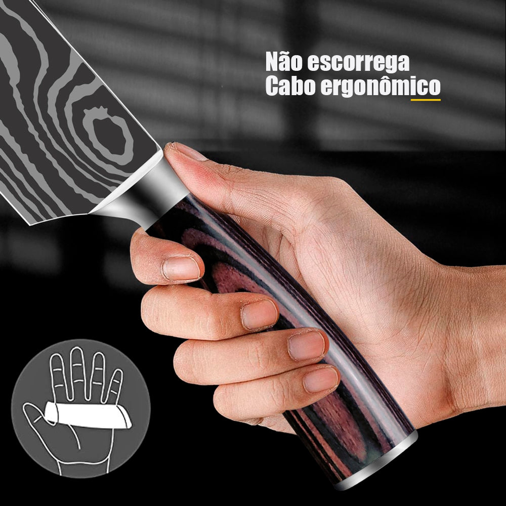 Conjunto de facas aço damasco inoxidável - elegância e sofisticação