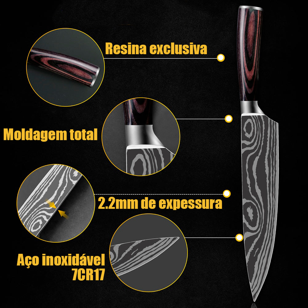 Conjunto de facas aço damasco inoxidável - elegância e sofisticação