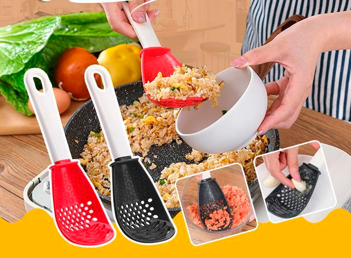 Nova colher multifuncional para cozinhar drenar amassar ralar e mais