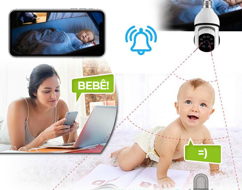 Câmera de segurança 5G para soquetes de lâmpada - visão noturna, detecta movimento