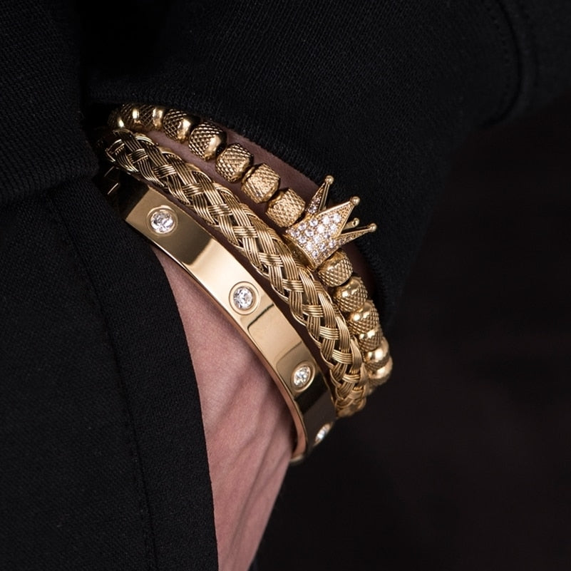 Trio de pulseiras estilo Coroa dos Reis luxuosa - dourada e prateada