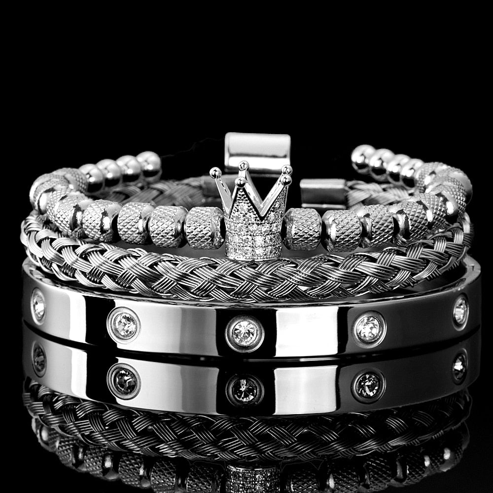 Trio de pulseiras estilo Coroa dos Reis luxuosa - dourada e prateada
