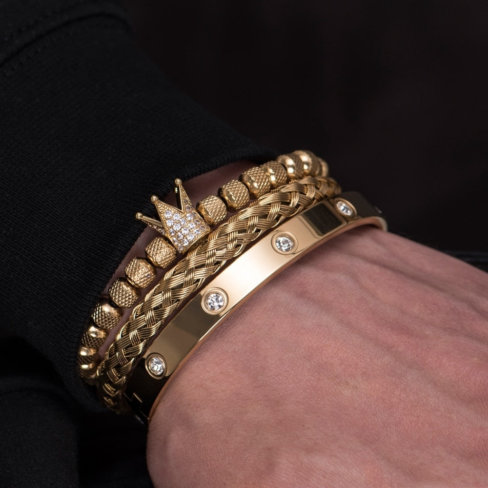 Trio de pulseiras estilo Coroa dos Reis luxuosa - dourada e prateada