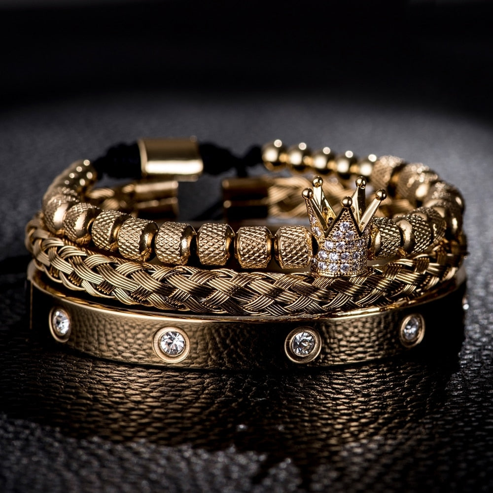Trio de pulseiras estilo Coroa dos Reis luxuosa - dourada e prateada