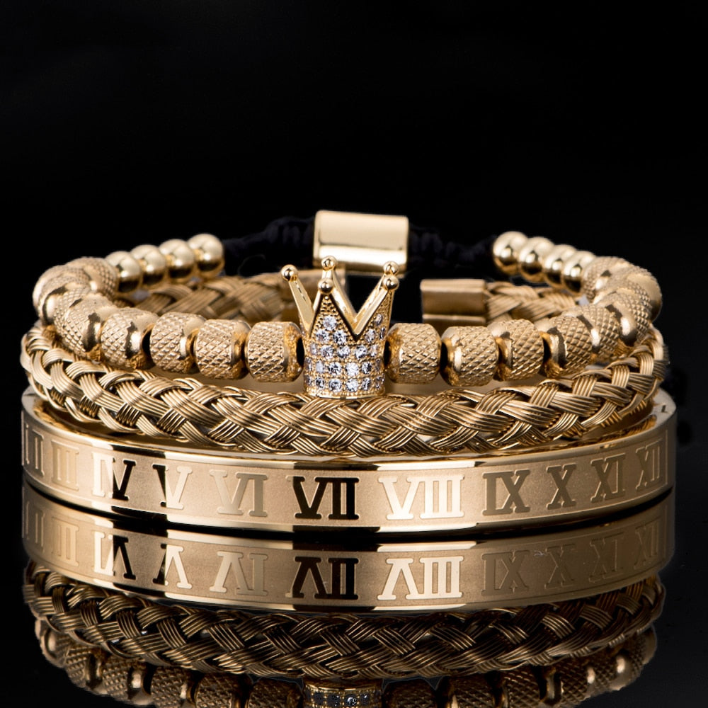 Trio de pulseiras estilo Coroa dos Reis luxuosa - dourada e prateada