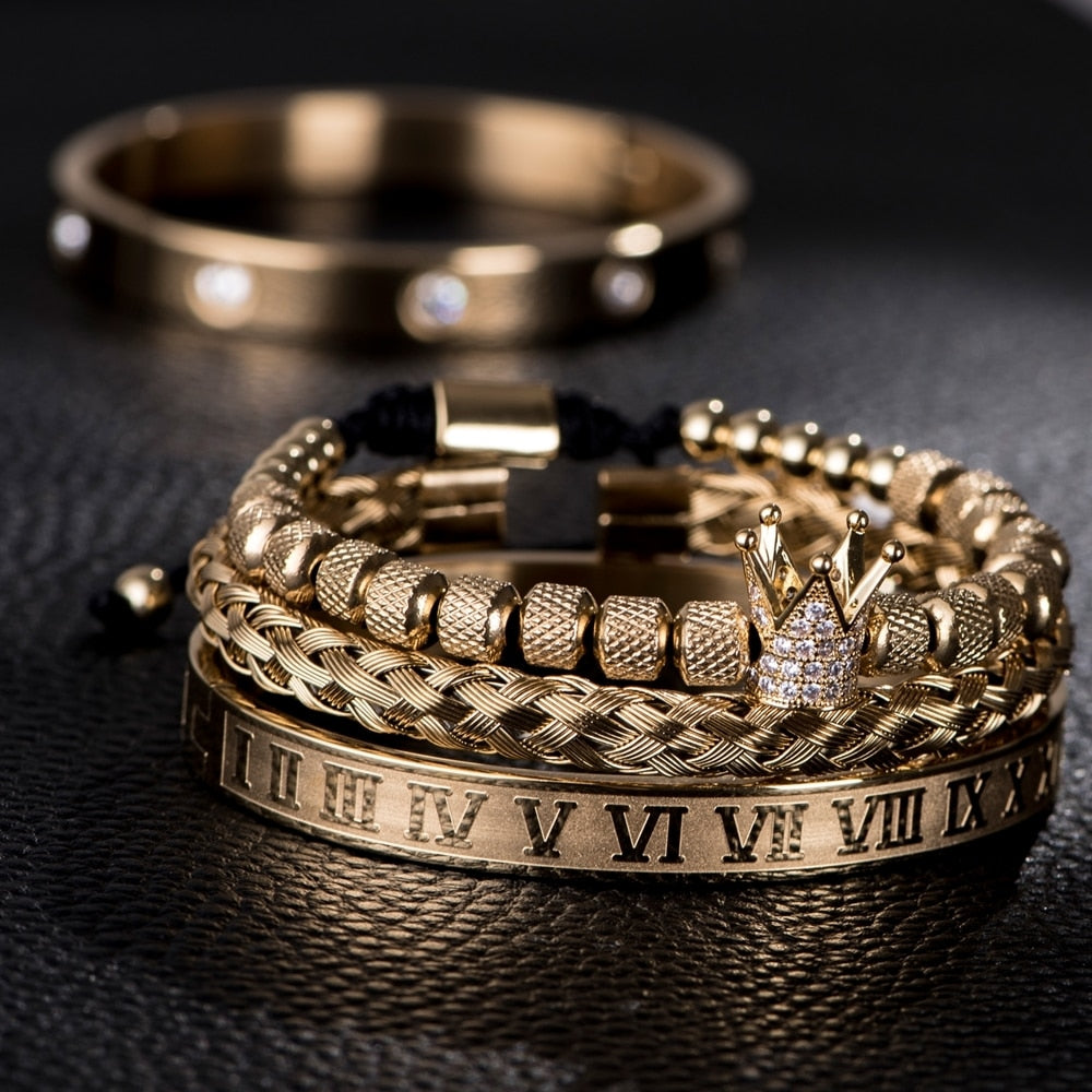 Trio de pulseiras estilo Coroa dos Reis luxuosa - dourada e prateada