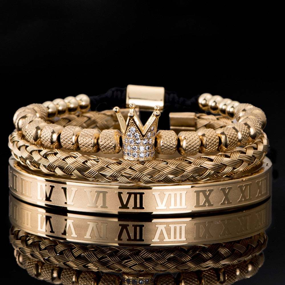 Trio de pulseiras estilo Coroa dos Reis luxuosa - dourada e prateada