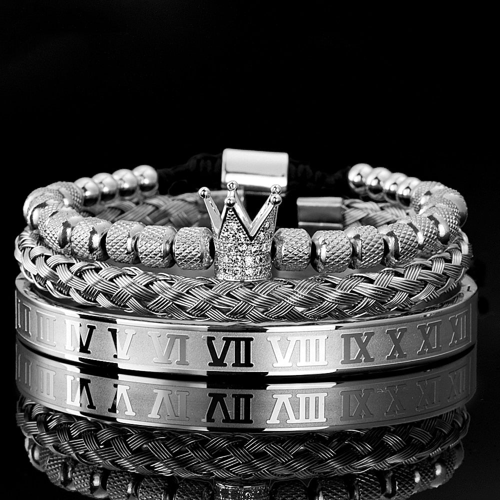 Trio de pulseiras estilo Coroa dos Reis luxuosa - dourada e prateada