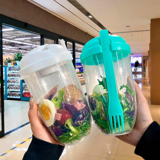 Garrafinha para saladas portátil com potinho para molho e garfo