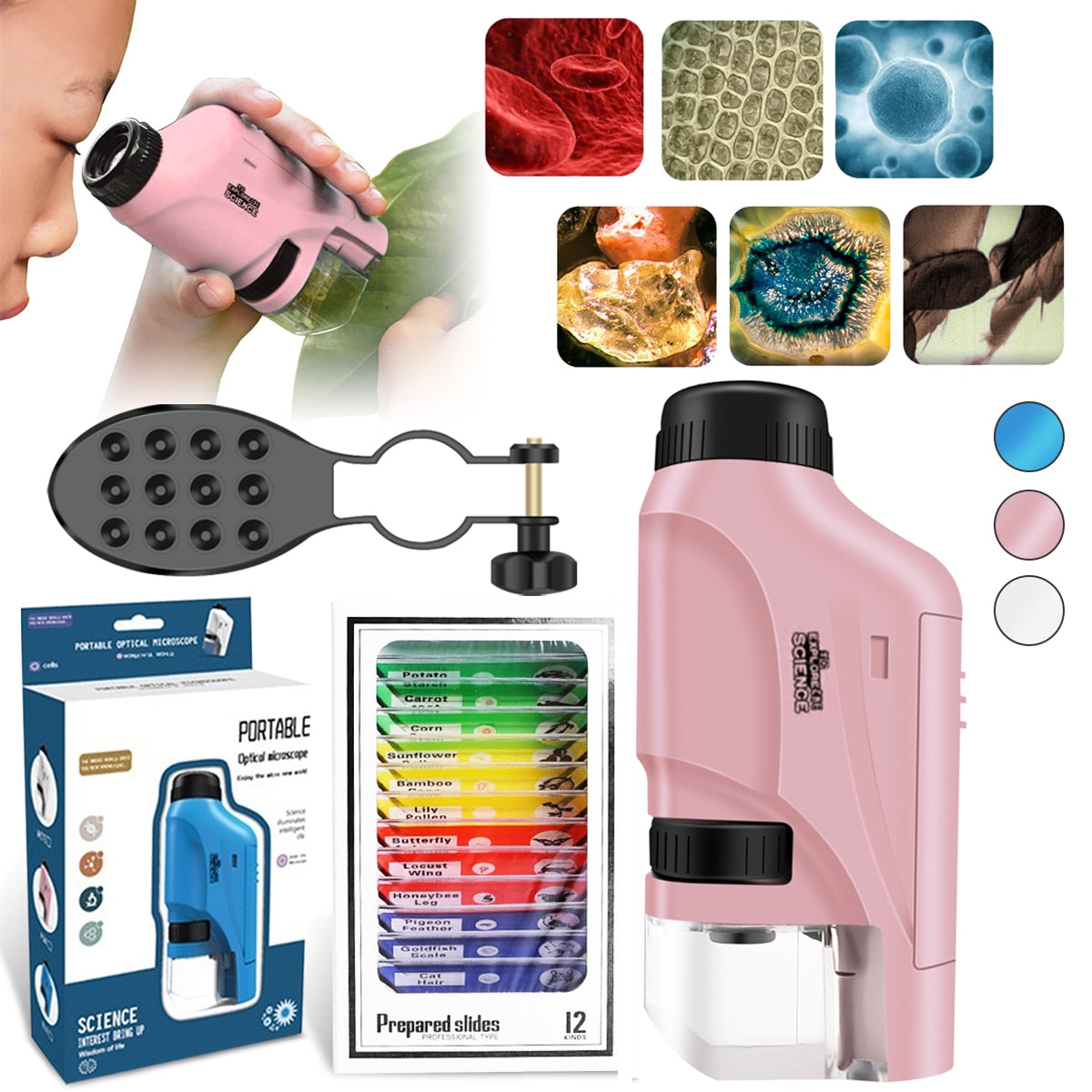 Microscópio portátil com LED 60-120x para crianças com espécimes
