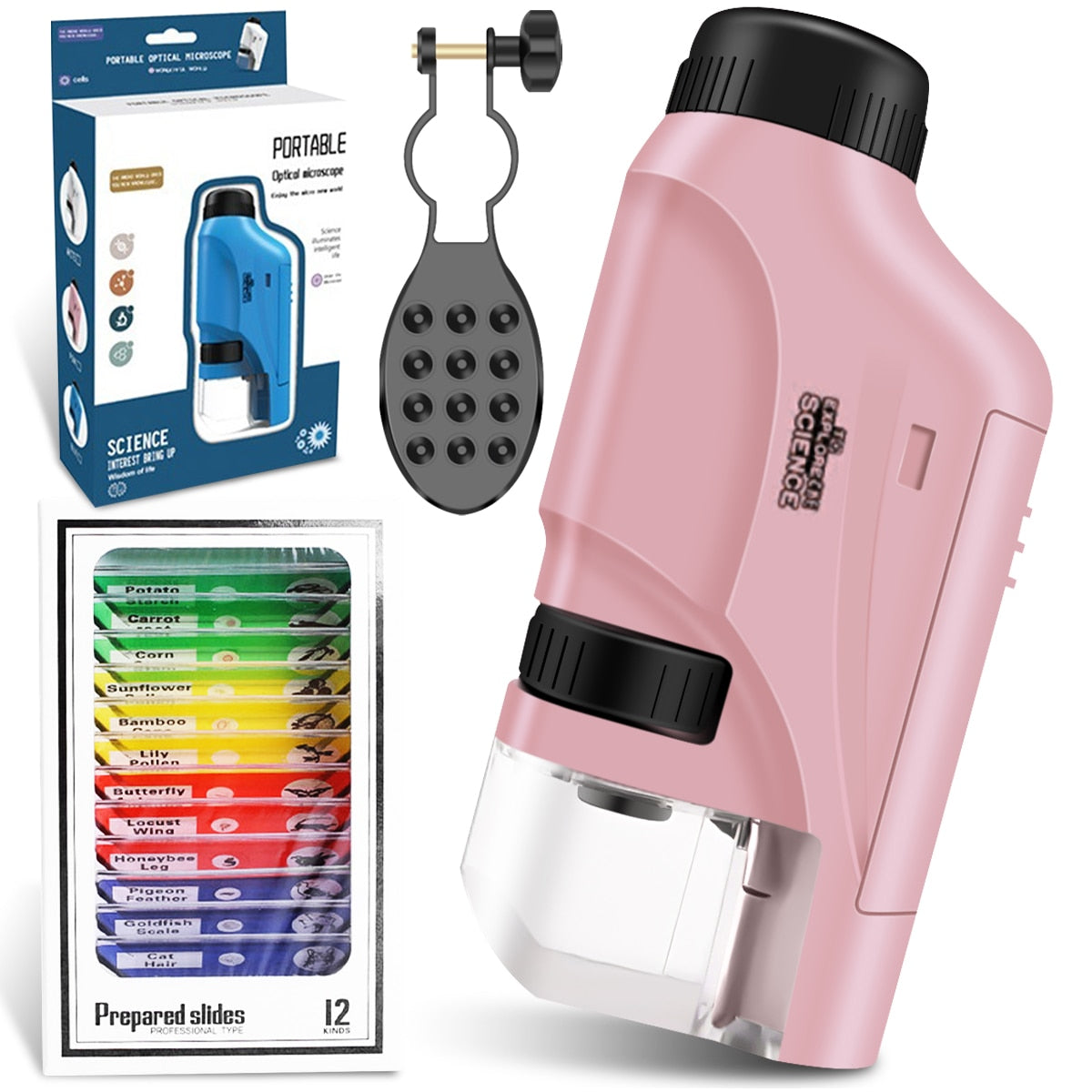 Microscópio portátil com LED 60-120x para crianças com espécimes